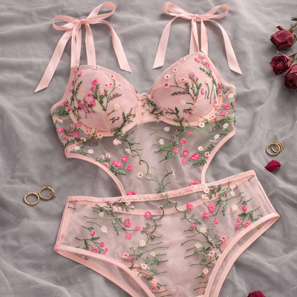 Ensemble Lingerie Émeraude – Élégance Florale et Transparente – Image 3