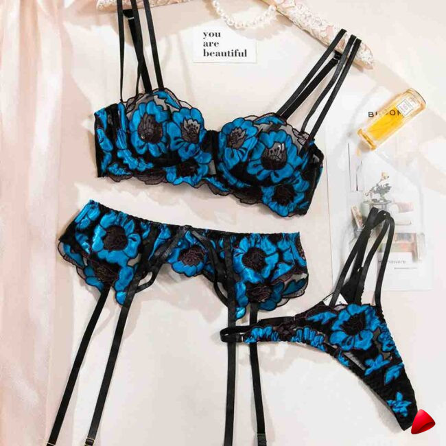 Ensemble Lingerie Florale Travesti Bleu - vue 2