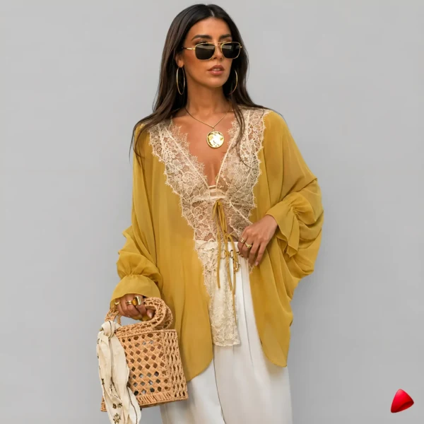Blouse bohème travesti translucide moutarde, image principale, mousseline aérienne