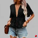 Blouse Drawstring Travesti blouse drawstring col v, image principale, conçue pour morphologie homme féminisé
