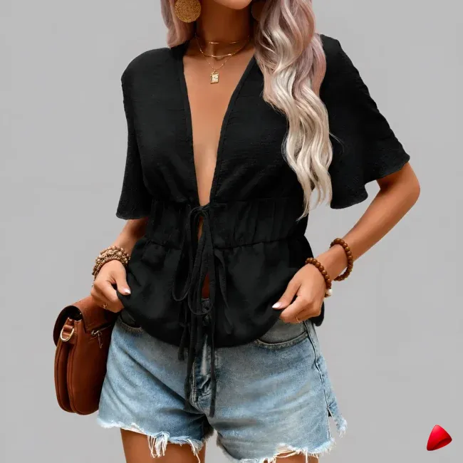 Blouse Drawstring Travesti blouse drawstring col v, image principale, conçue pour morphologie homme féminisé