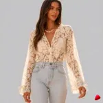 Blouse Hollow Out Travesti blouse hollow out dentelle, image principale, conçue pour morphologie homme féminisé