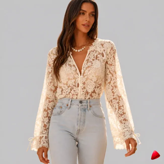 Blouse Hollow Out Travesti blouse hollow out dentelle, image principale, conçue pour morphologie homme féminisé