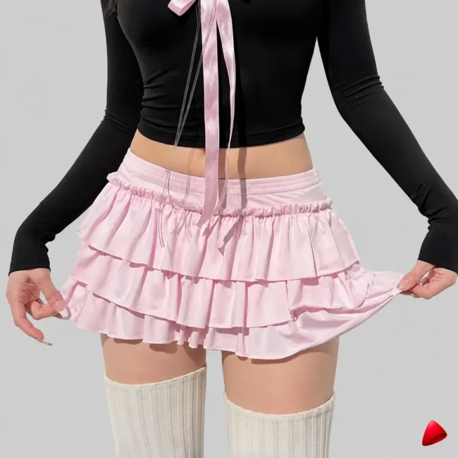 Mini Jupe Volants Travesti mini-jupe volants rose, image principale, conçue pour morphologie homme féminisé