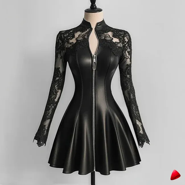 Robe Cuir Dentelle Travesti robe cuir dentelle, image principale, conçue pour morphologie homme féminisé