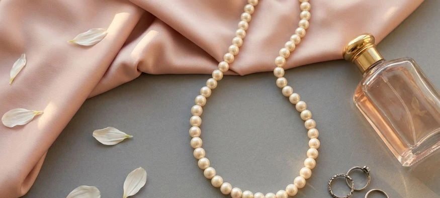 Collier de perles, soie et flacon de parfum