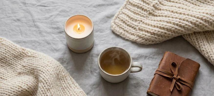 Bougie, plaid et tasse de thé, moment de douceur