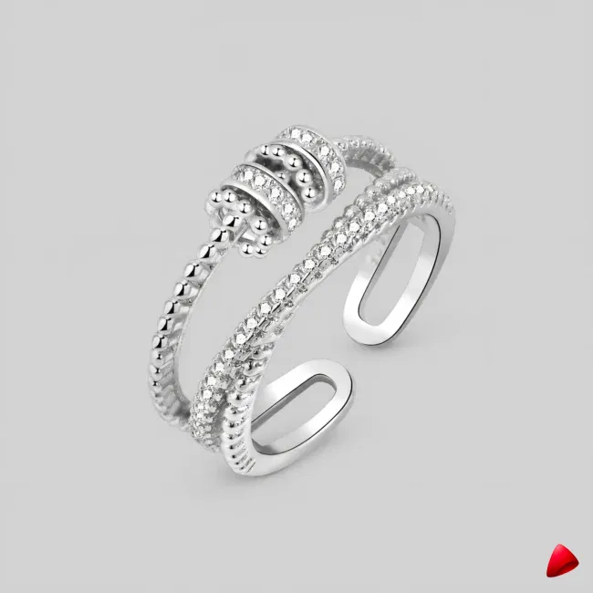 Bague Travesti Double Anneau Zircon Argent Reglable Acier - image principale