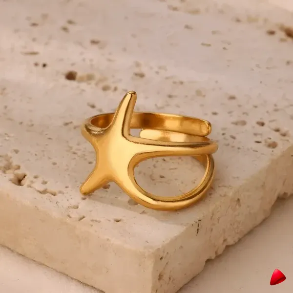 Bague Travesti Etoile Sculpte Or Acier Reglable - galerie