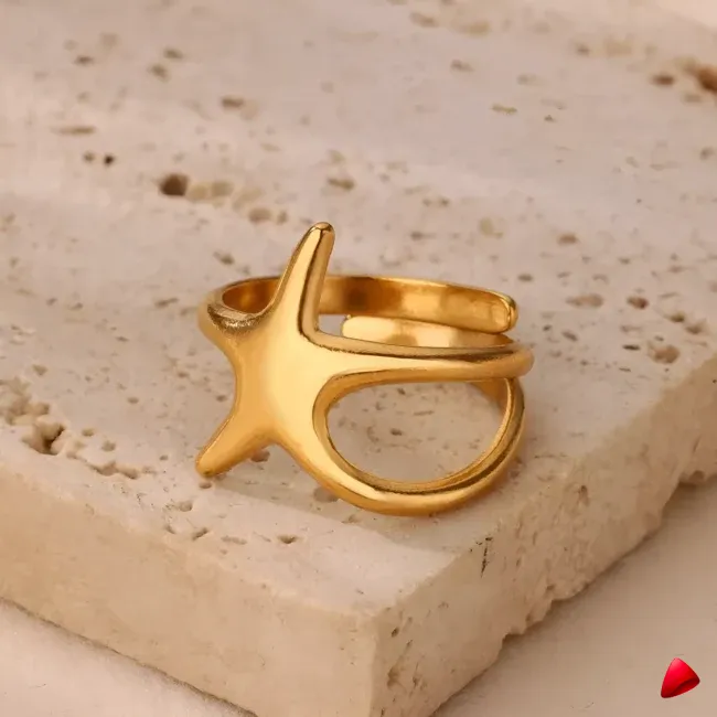 Bague Travesti Etoile Sculpte Or Acier Reglable - galerie