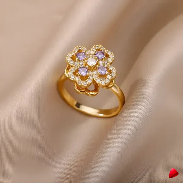 Bague Travesti Fleur Cocktail Pierre Violette Or - galerie