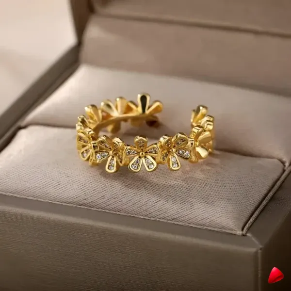 Bague Travesti Couronne Marguerites Or Zircon Acier - galerie