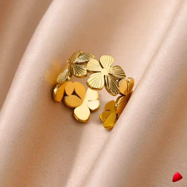 Bague Travesti Quatre Trefles Or Sculpte Reglable - galerie