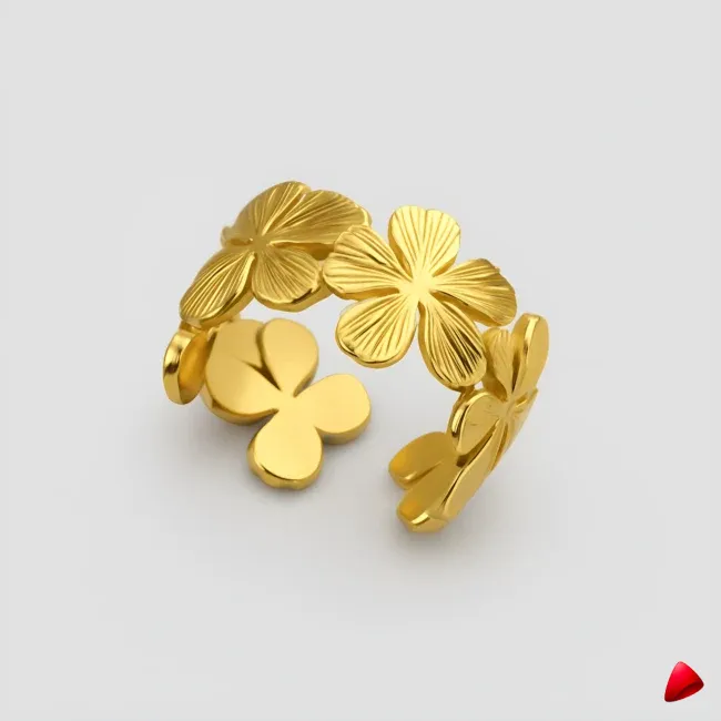 Bague Travesti Quatre Trefles Or Sculpte Reglable - image principale