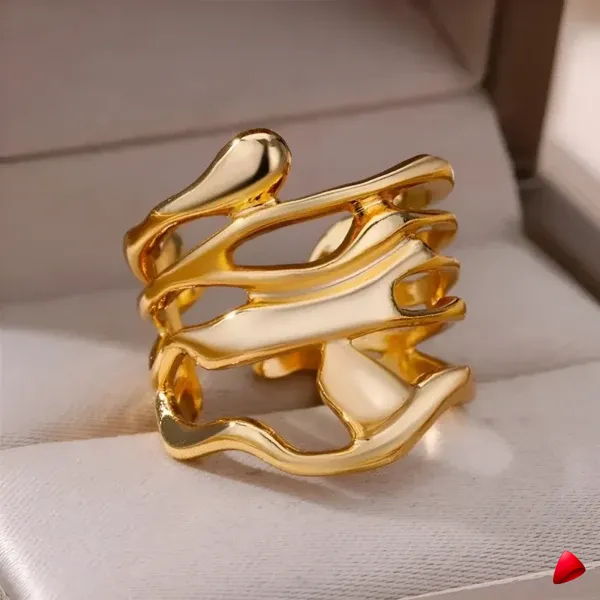 Bague Travesti Vague Liquide Or Sculpte Acier - galerie
