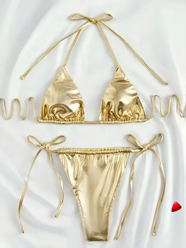 Bikini Travesti Doré Métallisé Brillant Triangle Dos Nu — galerie