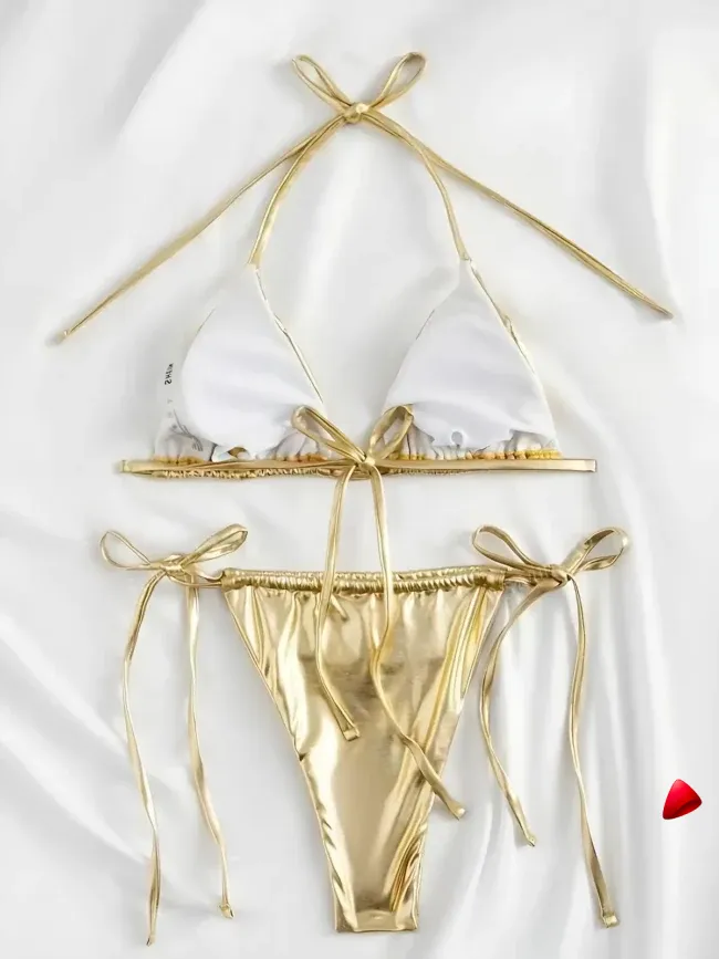 Bikini Travesti Doré Métallisé Brillant Triangle Dos Nu — galerie