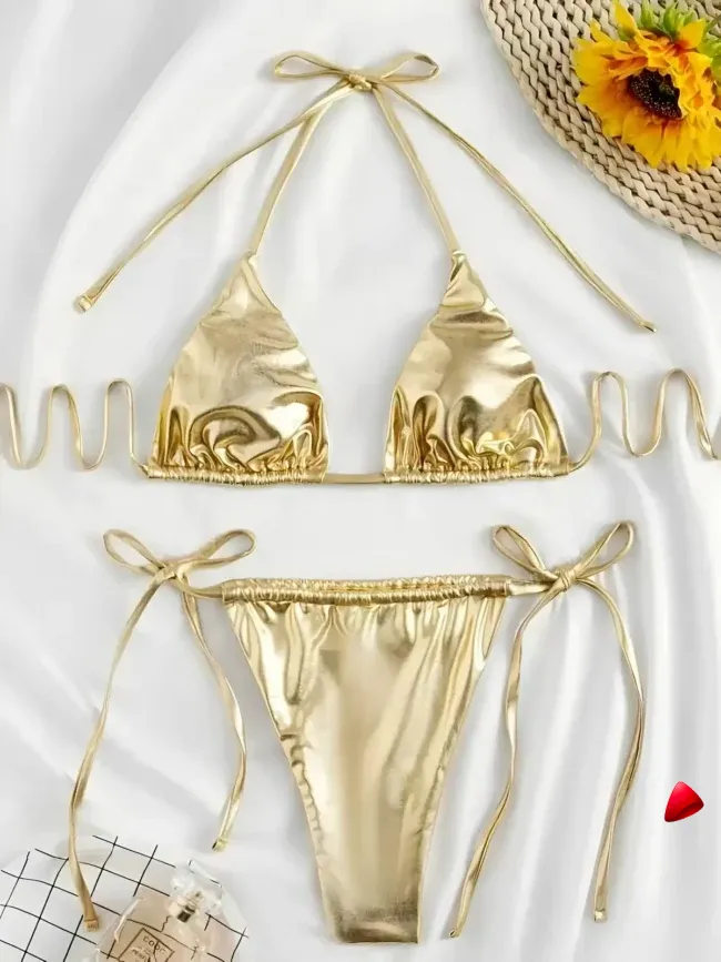 Bikini Travesti Doré Métallisé Brillant Triangle Dos Nu — galerie