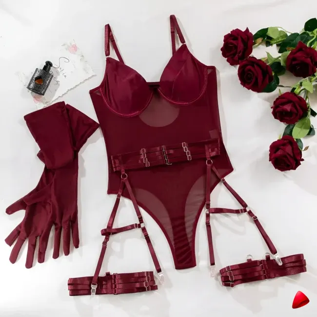 Body Travesti Sheer Mesh Strapless Romper Gants Longs — galerie