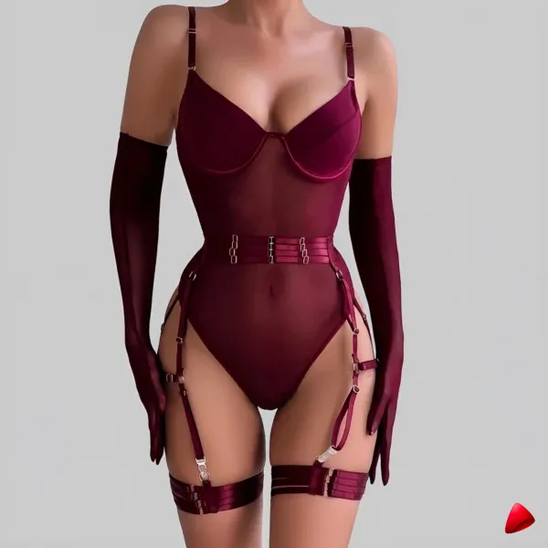 Body Travesti Sheer Mesh Strapless Romper Gants Longs — image principale