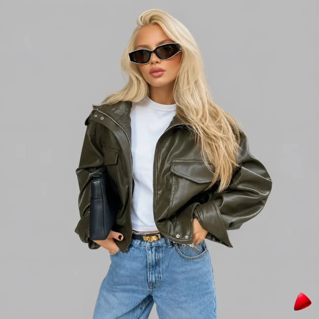 Bomber Faux Cuir Travesti Cropped Demi-Saison — image principale