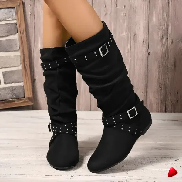 Botte Travesti Mi-Mollet Boucles Rivets Talon Plat Vintage - galerie