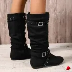 Botte Travesti Mi-Mollet Boucles Rivets Talon Plat Vintage - galerie