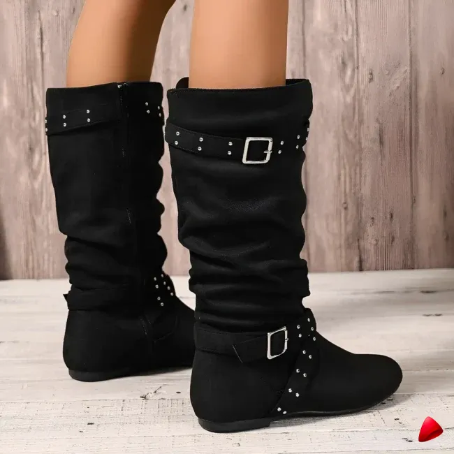 Botte Travesti Mi-Mollet Boucles Rivets Talon Plat Vintage - galerie
