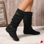 Botte Travesti Mi-Mollet Boucles Rivets Talon Plat Vintage - galerie