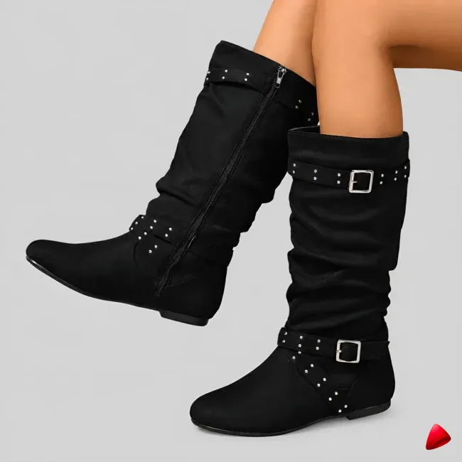 Botte Travesti Mi-Mollet Boucles Rivets Talon Plat Vintage - image principale