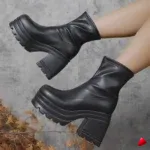Botte Travesti Courte Bout Carre Plateforme Talon Bloc Mi-Cheville - galerie
