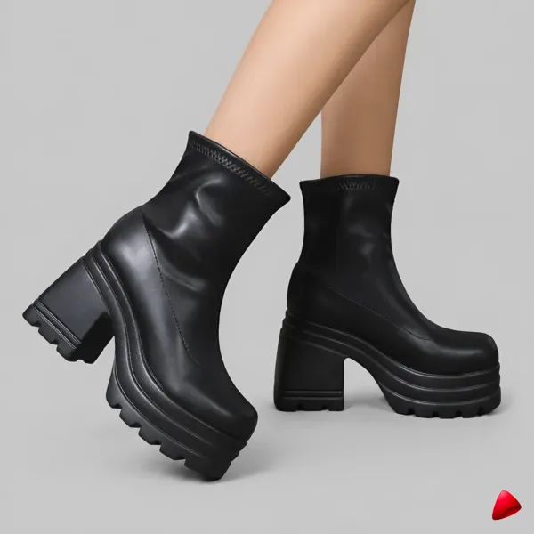 Botte Travesti Courte Bout Carre Plateforme Talon Bloc Mi-Cheville - image principale