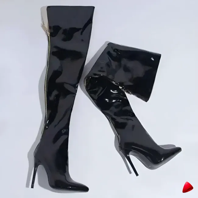 Botte Travesti Cuissarde Cuir Verni Talon Aiguille Grande Pointure - galerie