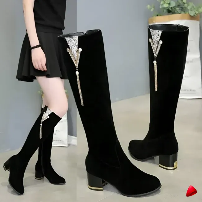 Botte Travesti Genou Fermeture Eclair Talon Epais Daim Noir - galerie