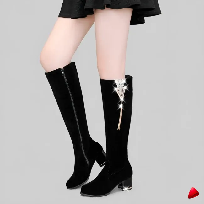 Botte Travesti Genou Fermeture Eclair Talon Epais Daim Noir - image principale