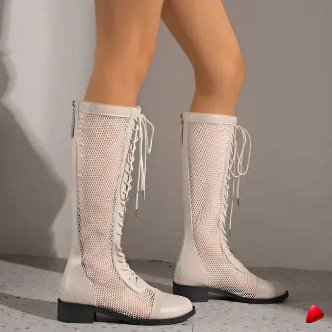 Botte Travesti Genou Maille Lacets Plateforme Talon Epais - galerie