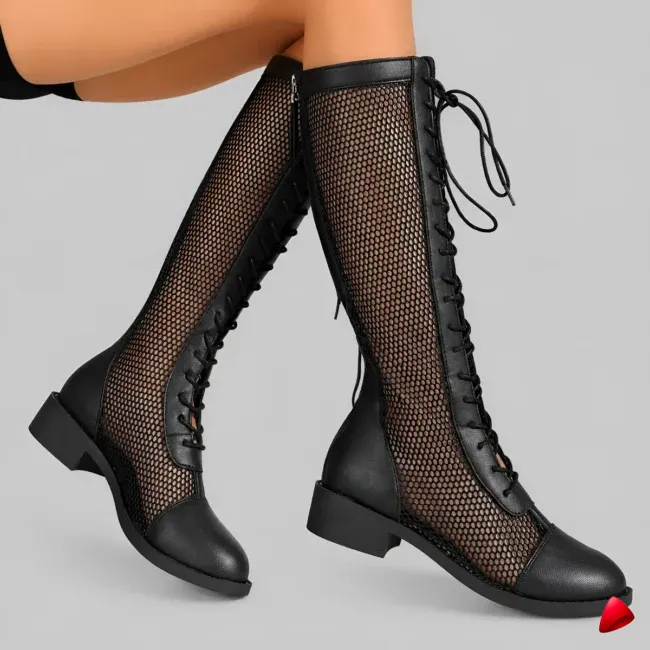 Botte Travesti Genou Maille Lacets Plateforme Talon Epais - image principale
