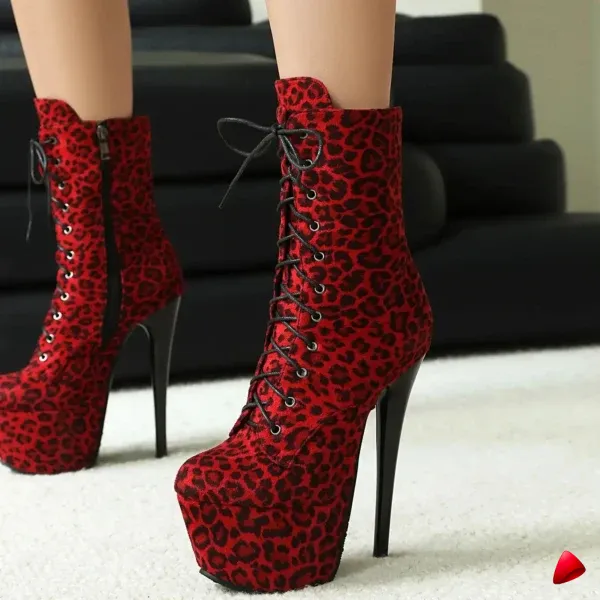 Bottine Travesti Plateforme Leopard Rouge Lacets 16cm - galerie