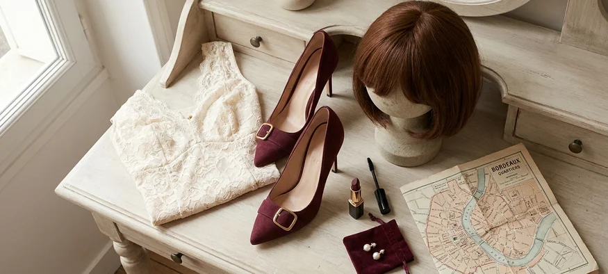 Garde-robe travesti pour Bordeaux : escarpins, perruque et lingerie sur coiffeuse