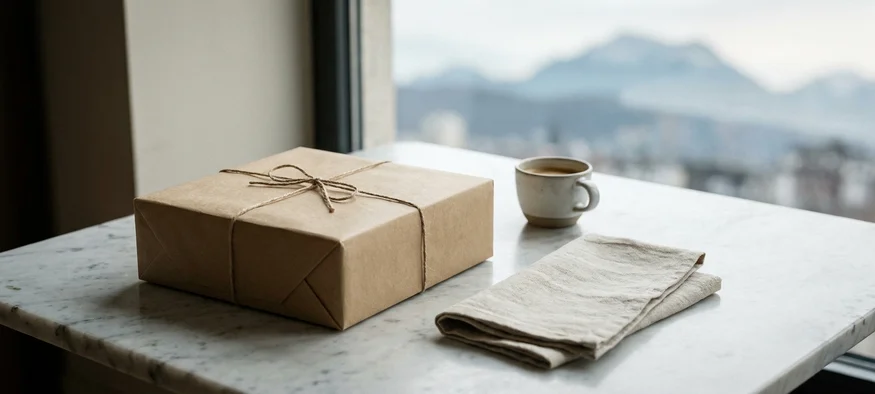 Colis neutre Amenzia livré à Grenoble sur une table de café face aux montagnes