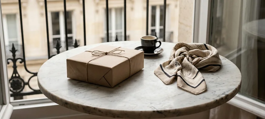 Colis neutre Amenzia livré à Paris sur une table de café haussmannien