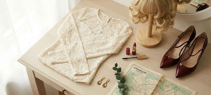 Garde-robe travesti pour Strasbourg : escarpins, perruque et lingerie sur coiffeuse
