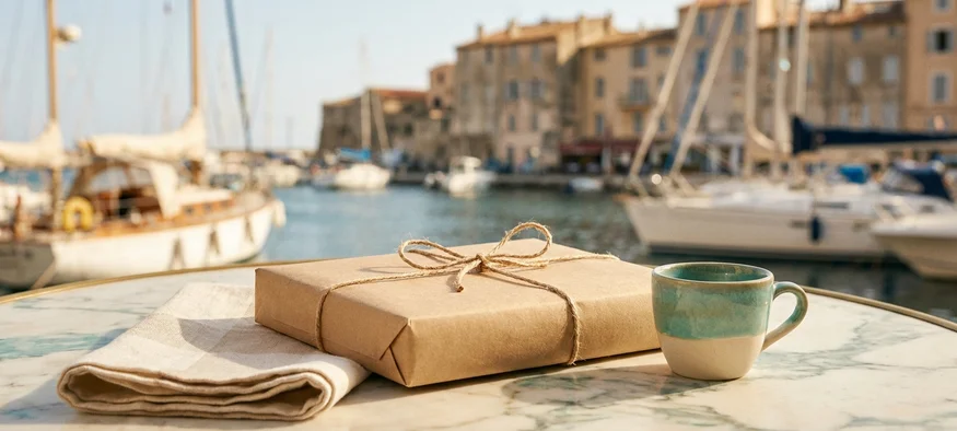 Colis neutre Amenzia livré à Toulon sur une table de café face au port méditerranéen