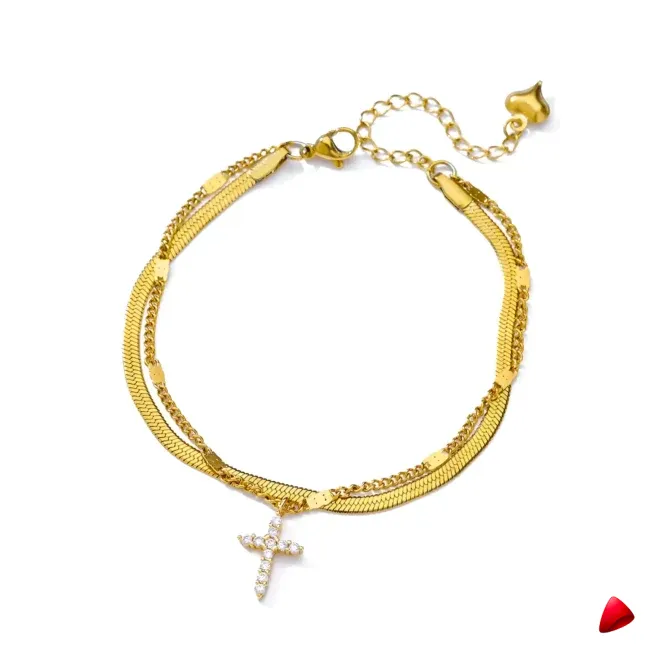 Bracelet Cheville Travesti Snake Croix Strass Or Acier - galerie