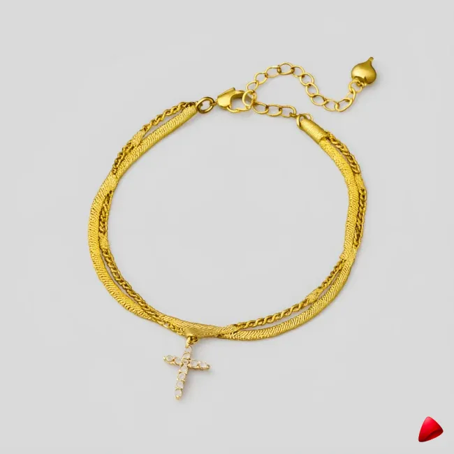 Bracelet Cheville Travesti Snake Croix Strass Or Acier - image principale
