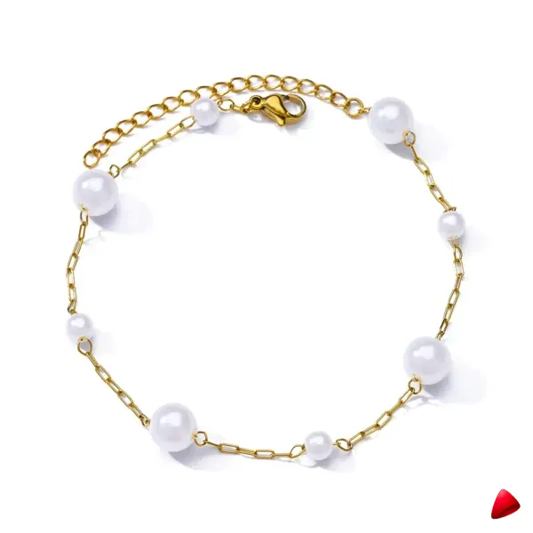 Bracelet Cheville Travesti Perles Blanches Paperclip Or - galerie
