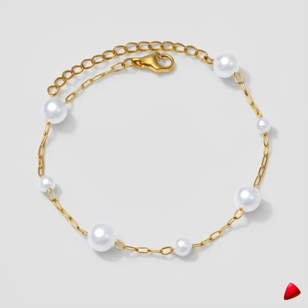 Bracelet Cheville Travesti Perles Blanches Paperclip Or - image principale