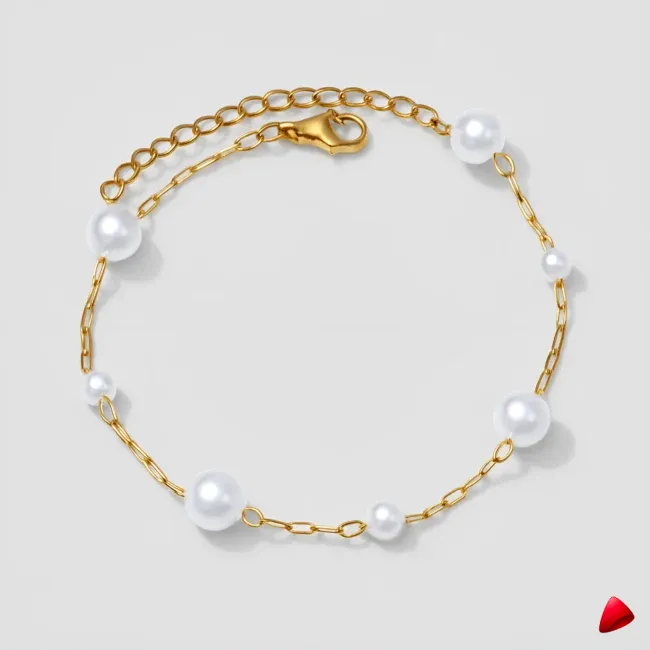 Bracelet Cheville Travesti Perles Blanches Paperclip Or - image principale