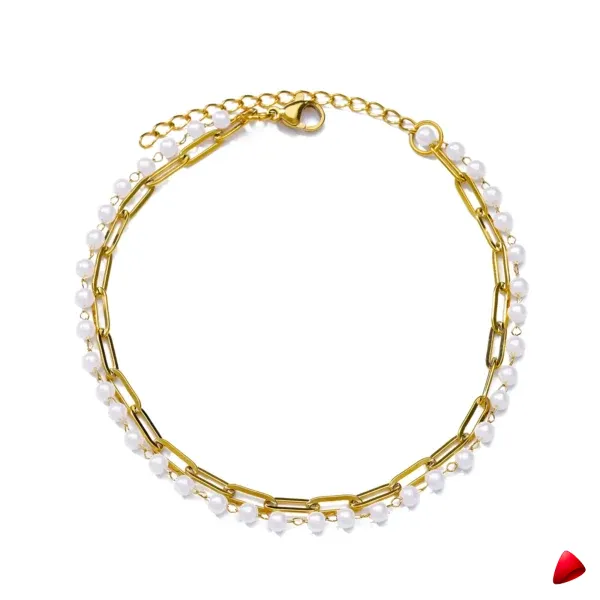 Bracelet Cheville Travesti Paperclip Perles Double Or Acier - galerie