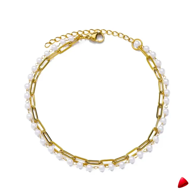 Bracelet Cheville Travesti Paperclip Perles Double Or Acier - galerie